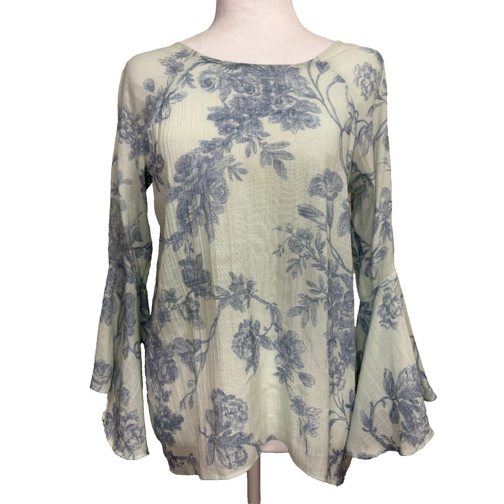 Lauren Conrad Top Green Blue Floral Bell Sleeve Gauzy Boho Romantic Cottage M‎